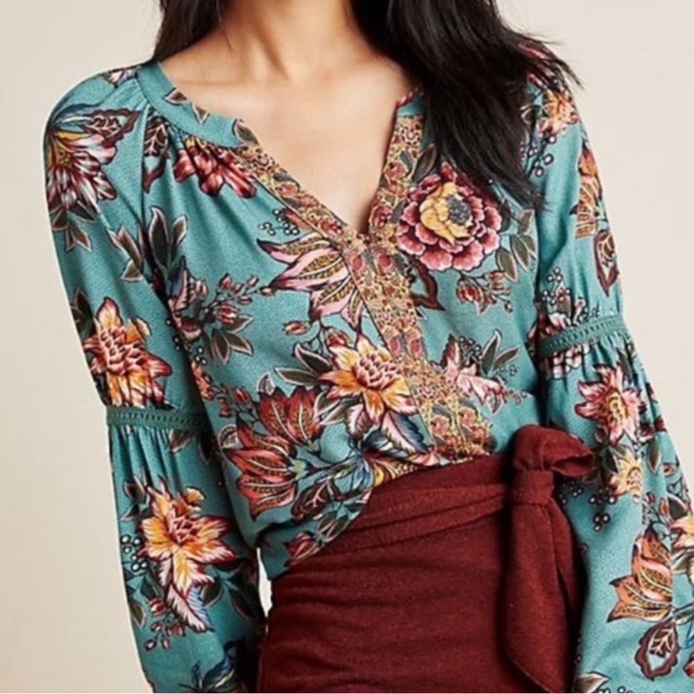 Farm Rio Anthropologie Paola Floral Peasant Blouse Size XS - Picture 3 of 8